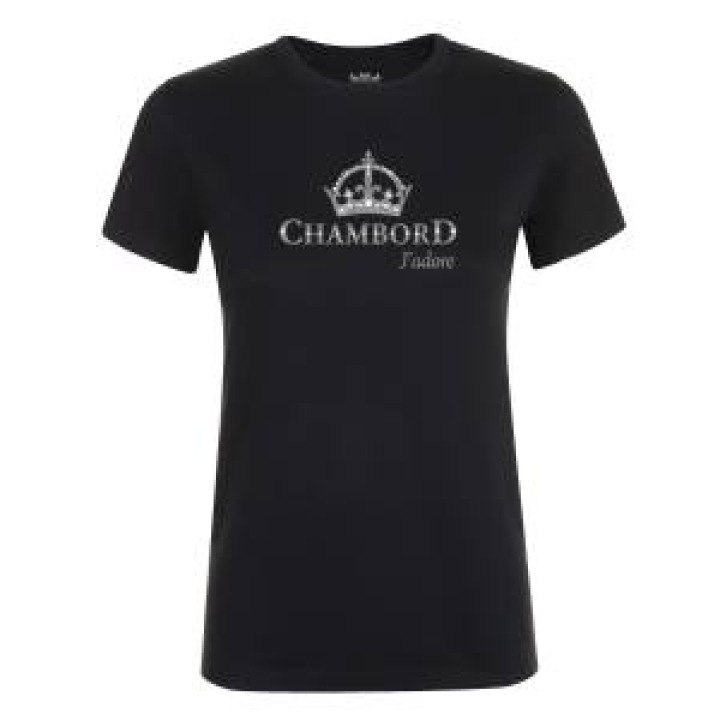 Tshirt femme bio ajusté Transfert paillettes Argent Chambord Jadore  transfert Bloque Marque Au Col Noir M