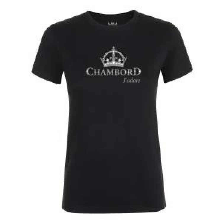 T-shirt femme bio ajust&eacute; Transfert paillettes Argent Chambord J'adore + transfert Bloque Marque Au Col Noir M