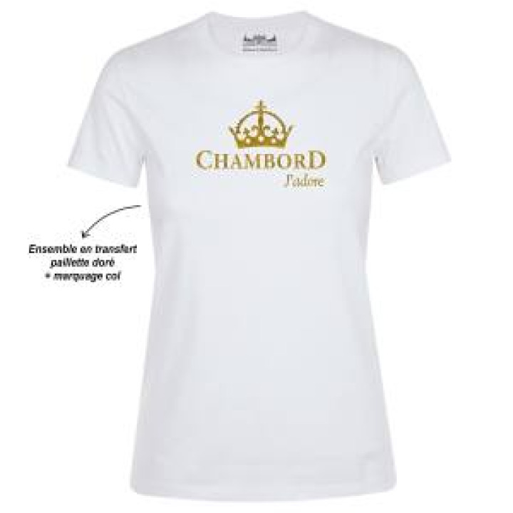 Tshirt femme bio ajusté Transfert paillettes Or Chambord Jadore  transfert Bloque Marque Au Col Blanc S