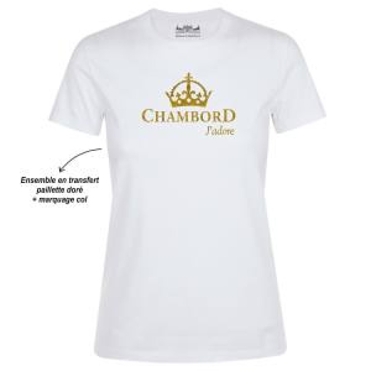 T-shirt femme bio ajust&eacute; Transfert paillettes Or Chambord J'adore + transfert Bloque Marque Au Col Blanc S