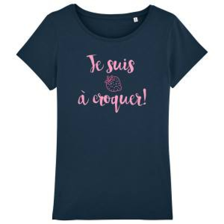 T-shirt femme bio Je suis à Croquer !!! + transfert Paillette Fraise Navy S