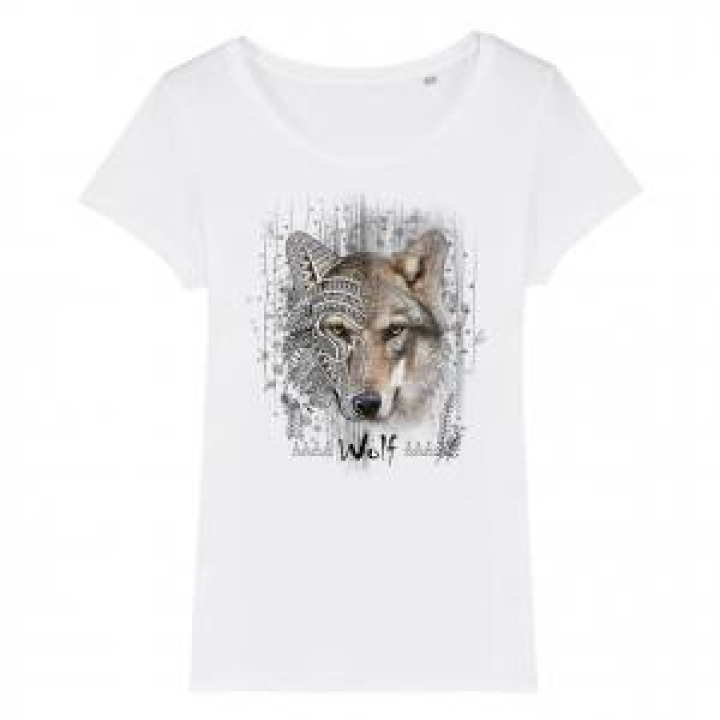 Tshirt femme bio Loup Native Tribes  transfert Col Amnéville Natural Raw S