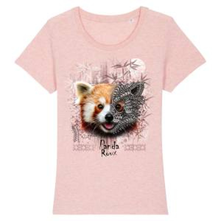 T-shirt femme bio Panda Roux Native Tribes + transfert Col Amn&eacute;ville Caribbean Blue L