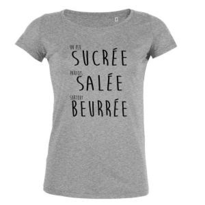 Tshirt femme bio Un Peu Sucre Parfois Salee Surtout Beurree écriture Noire Heather Grey XS