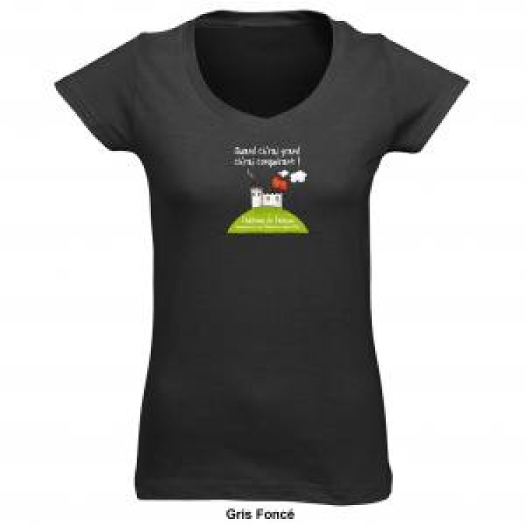 T-shirt femme col V Ch&acirc;teau de Falaise + transfert sous Col Gris Fonc&eacute; M