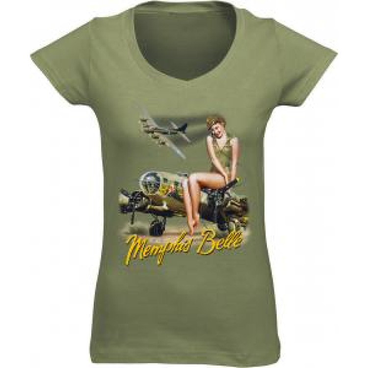 T-shirt femme col V Memphis Belle Avion + Fille Kaki S