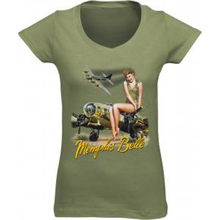 Tshirt femme col V Memphis Belle Avion  Fille Kaki M