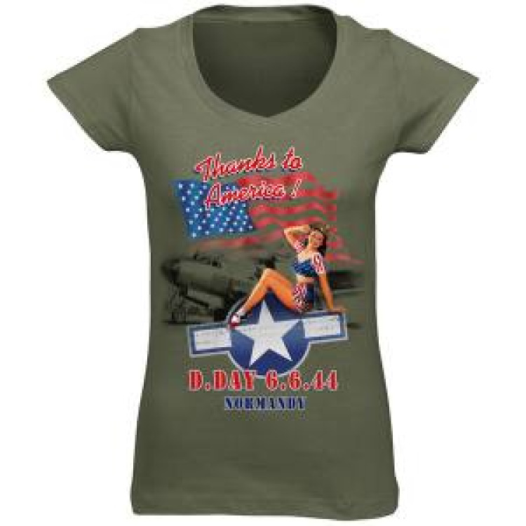 T-shirt femme col V Thanks To America Kaki S