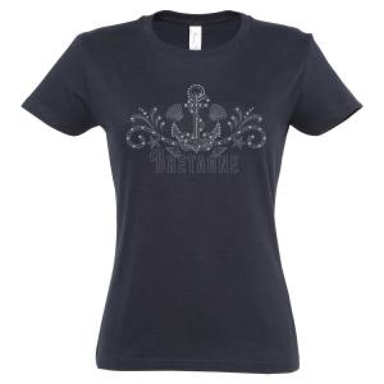 T-shirt femme Fond Marin Ancre Bretagne + Strass Marine S