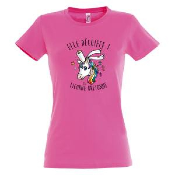 Tshirt femme Licorne Bretonne Elle Décoiffe  transfert Paillettes Rose Orchidée M