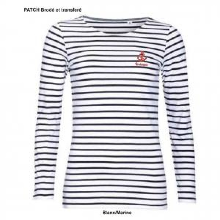 Tshirt femme manches longues rayé Transfert Patch Bretagne  Ancre blancmarine XS