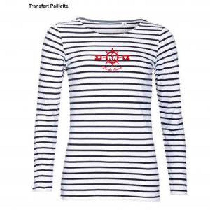 Tshirt femme manches longues rayé Transfert Rouge Barre à Roue Ancre Fille de Marin blancmarine S