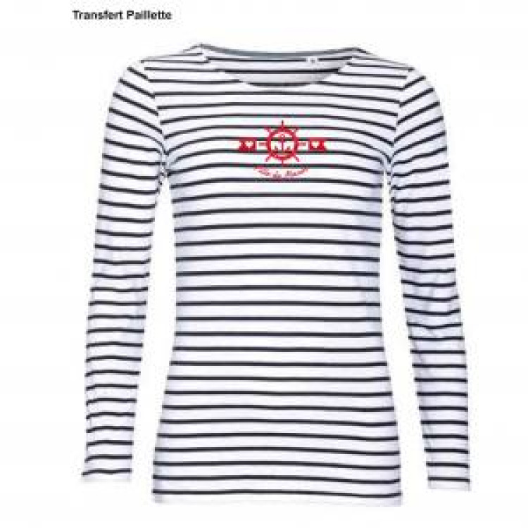 T-shirt femme manches longues ray&eacute; Transfert Rouge Barre &agrave; Roue/ Ancre Fille de Marin blanc/marine L