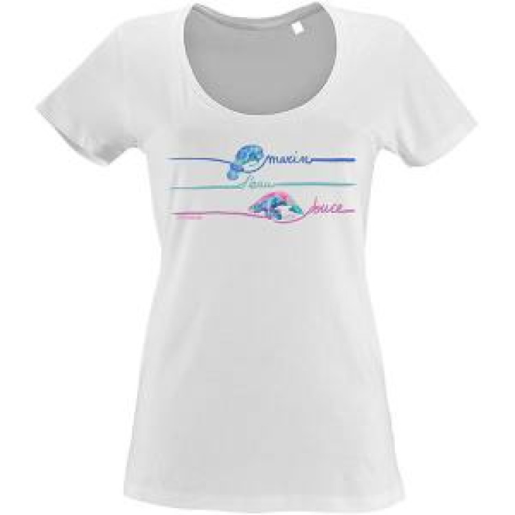 T-shirt femme Marin D'eau Douce Zoo de Beauval (Largeur 22 Cm pour les S-M) (Largeur 24 Cm pour les L-Xl-Xxl) Placer le Haut du Dessin &agrave; 3.5 Cm du Bas du Col Blanc S