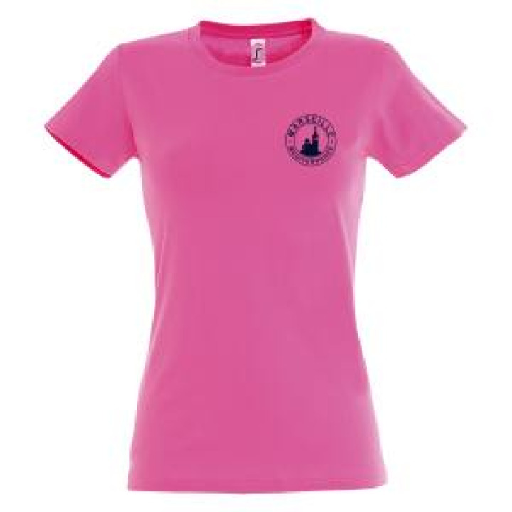 Tshirt femme Marseille Notre Dame de la Garde Méditerranée dans un Cercle Blanc sur Tshirt Marine Rose Orchidée S