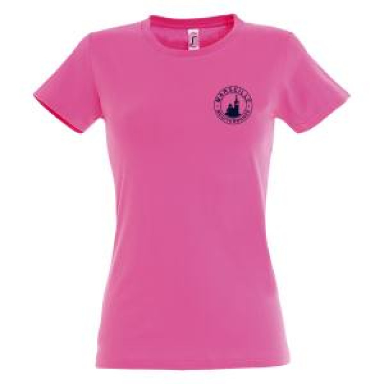 T-shirt femme Marseille Notre Dame de la Garde M&eacute;diterran&eacute;e dans un Cercle (Blanc sur T-shirt Marine) Rose Orchid&eacute;e S