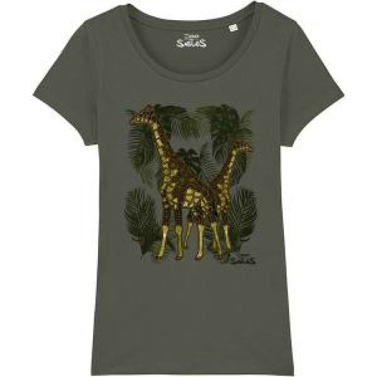 T-shirt femme premium bio Girafes Zoo des Sables d&rsquo;Olonne + transfert Col Zoo les Sables d&rsquo;Olonne Khaki S