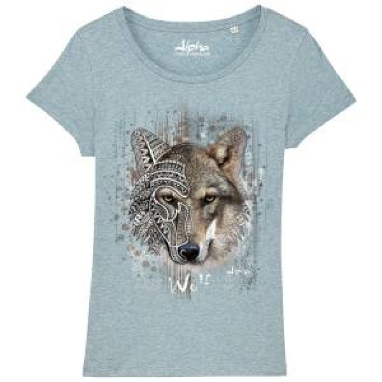 T-shirt femme premium bio Loup Native Tribes Alpha Parc Animalier + transfert Col Alpha Parc Animali