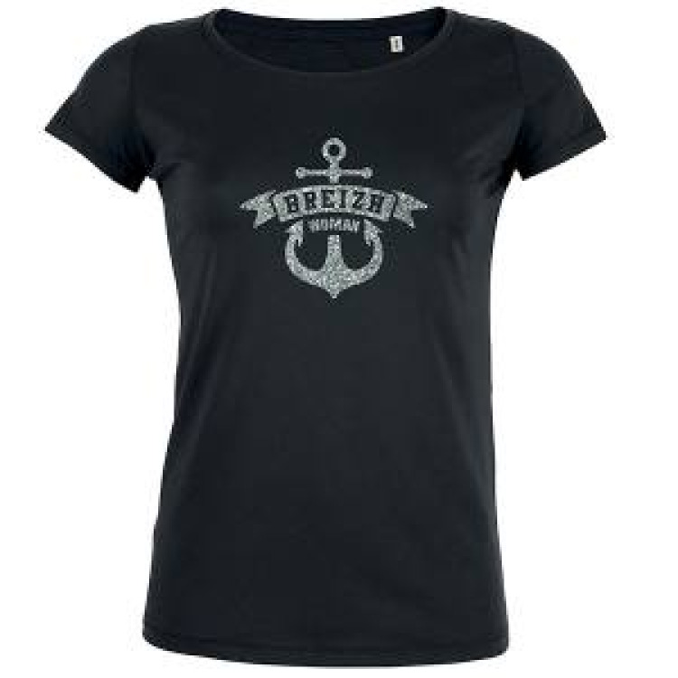 T-shirt femme premium bio Transfert Paillette Argent Ancre Breizh Woman Black S