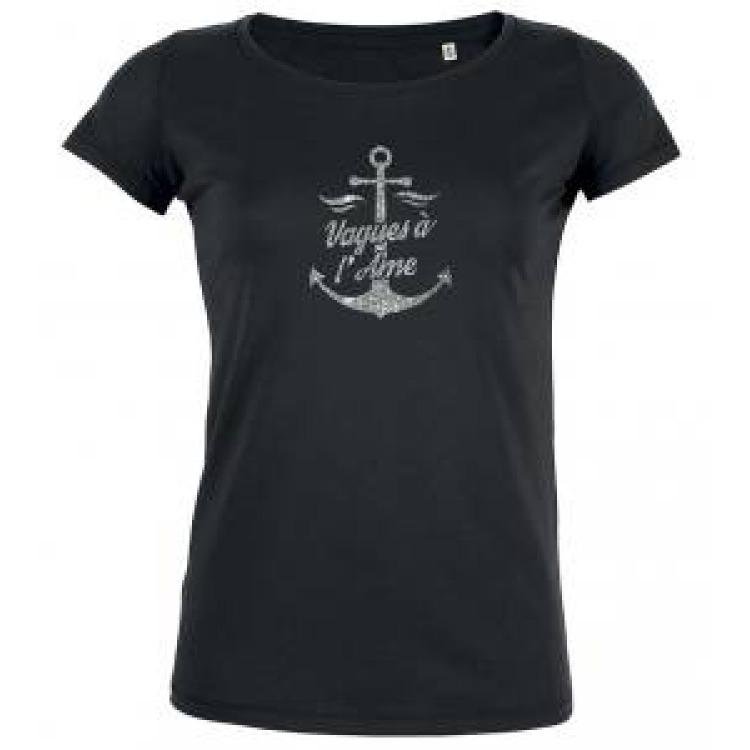 T-shirt femme premium bio Transfert Paillette Argent Vagues &agrave; l&rsquo;&acirc;me + Ancre Black XS