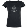 T-shirt femme premium bio Transfert Paillette Argent Vagues &agrave; l&rsquo;&acirc;me + Ancre Black XS