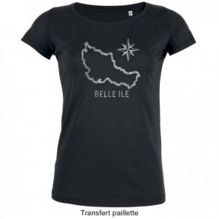 T-shirt femme premium bio Transfert paillettes d&eacute;coupe de l&rsquo;ile - Belle Ile Black XS