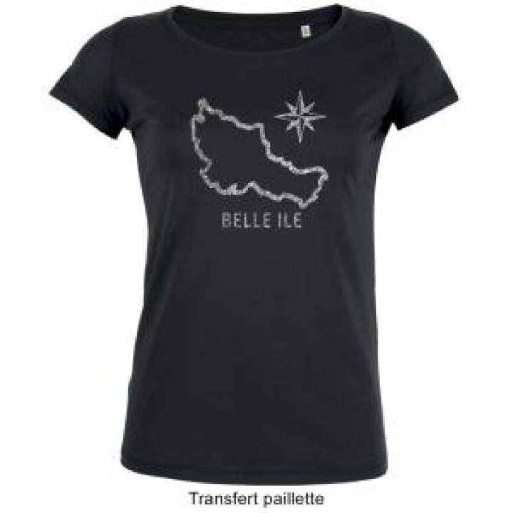 Tshirt femme premium bio Transfert paillettes découpe de lile  Belle Ile Black S