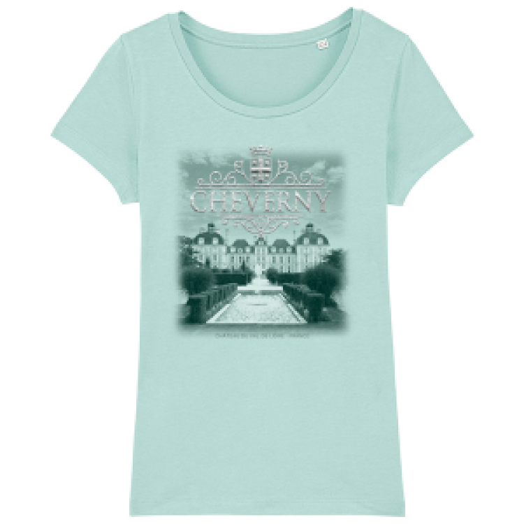 T-shirt femme premium bio Vue du Château + transfert Paillette Cheverny Caribbean Blue XS