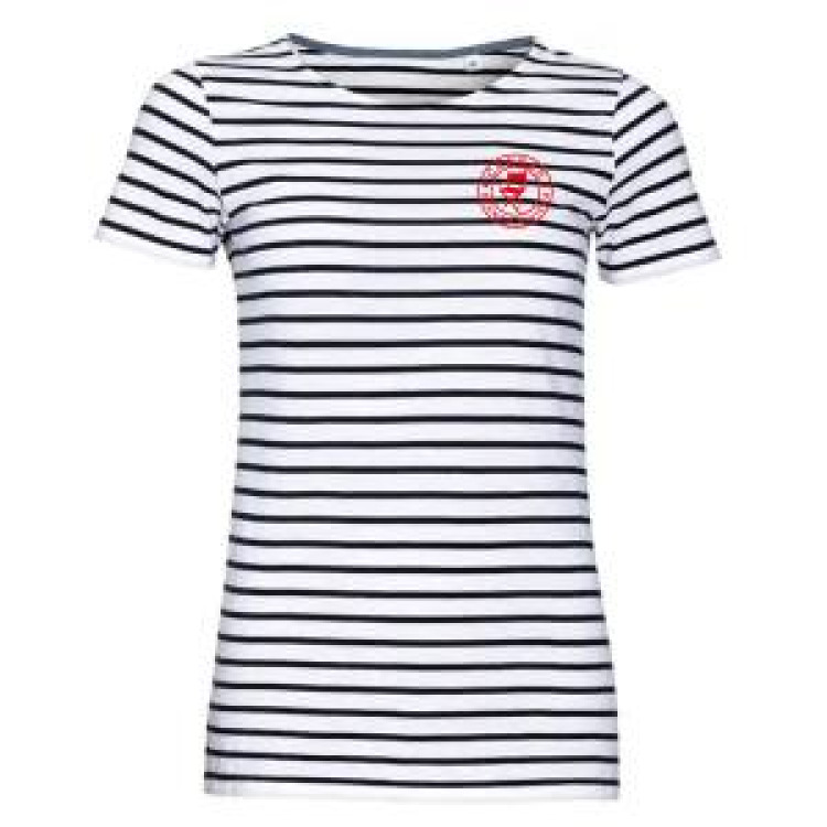 T-shirt femme rayé E1334 Ref/ 35904 pocket Chaise Cercle Cannes French Riviera French Marine / Blanc