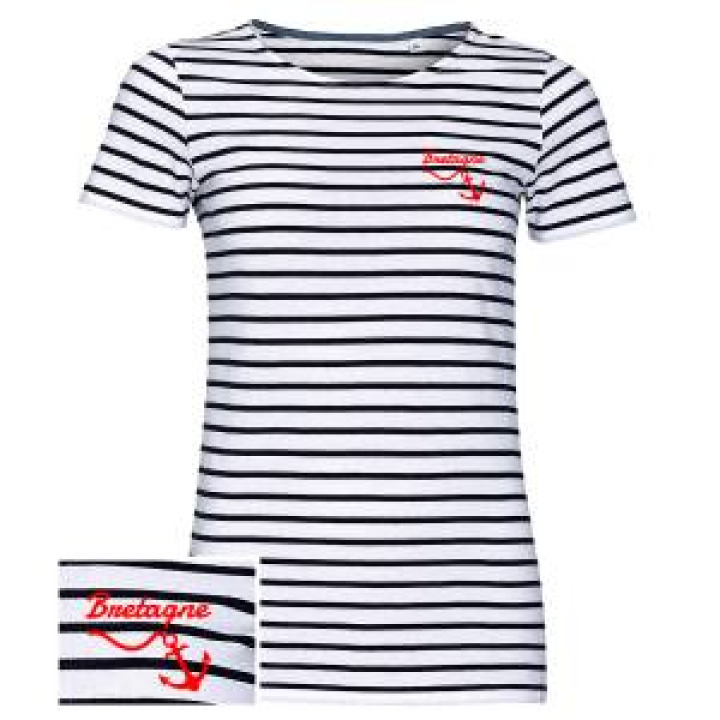 Tshirt femme rayé Transfert Rouge Bretagne  Ancre French Marine  Blanc XS