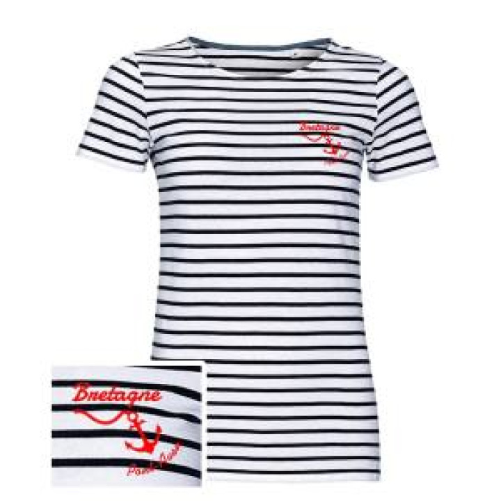 Tshirt femme rayé Transfert Rouge Bretagne  Ancre  Pont Aven French Marine  Blanc S