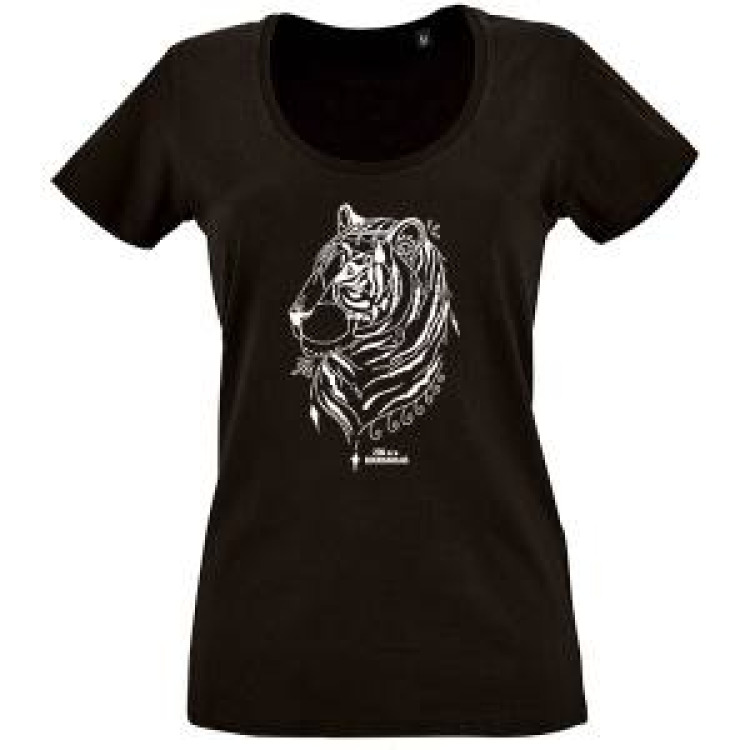 T-shirt femme Tête de Tigre Brillance Maharaja Zoo de la Bourbansais + transfert Strass Noir Profond