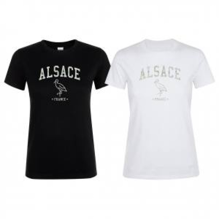 Tshirt femme Transfert Paillette Alsace Cigogne France Version Argent Blanc S