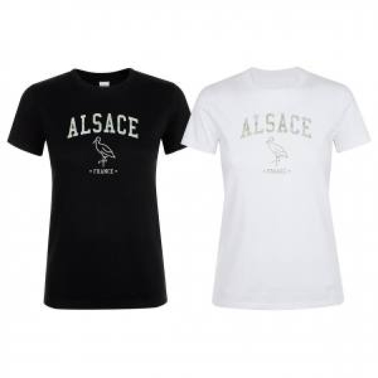 T-shirt femme Transfert Paillette Alsace Cigogne France Version Argent Blanc XXL