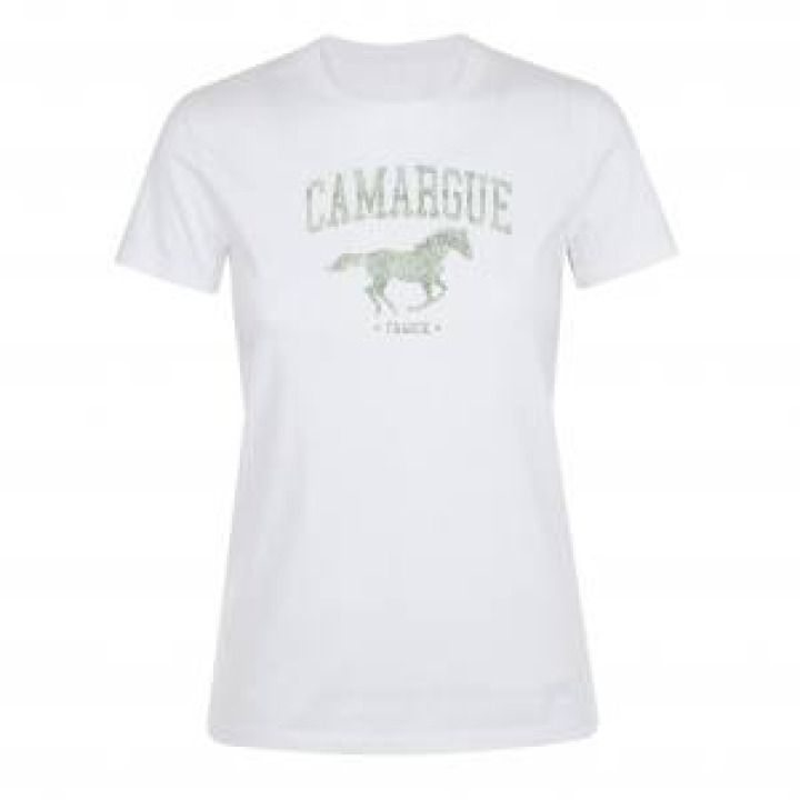 Tshirt femme Transfert Paillette Camargue Cheval Au Galop En Argent sur Tshirt Noir et Or sur Tshirt Blanc Blanc S
