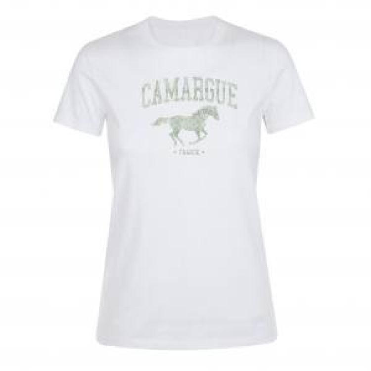 T-shirt femme Transfert Paillette Camargue Cheval Au Galop (En Argent sur T-shirt Noir et Or sur T-shirt Blanc) Blanc S