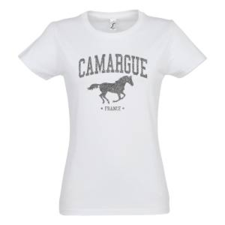 T-shirt femme Transfert Paillette Camargue Cheval Au Galop Version Argent Noir Profond S