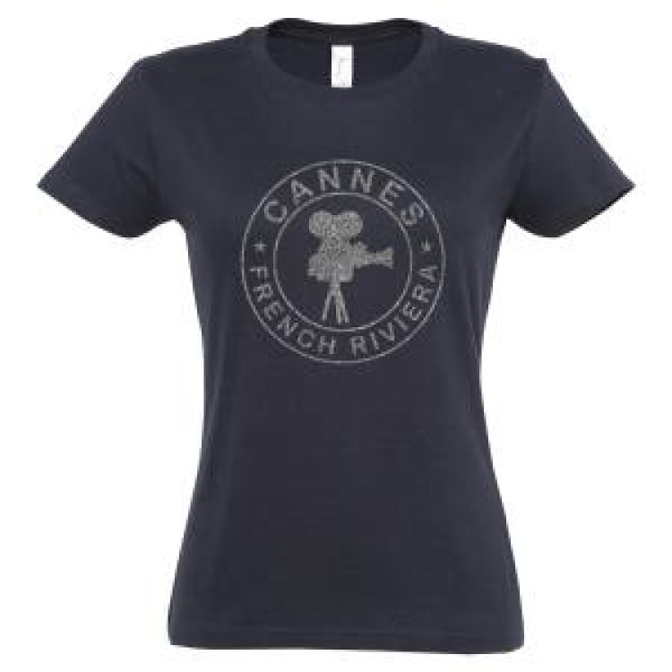 T-shirt femme Transfert Paillette Cannes Camera French Riviera dans un Cercle Version Argent Rose Orchid&eacute;e S