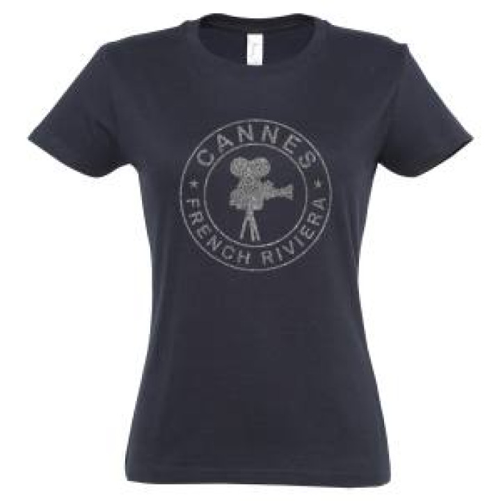Tshirt femme Transfert Paillette Cannes Camera French Riviera dans un Cercle Version Argent Marine 