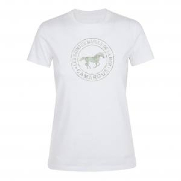 Tshirt femme Transfert Paillette Cercle Camargue Cheval Au Galop En Argent sur Tshirt Noir et Or sur Tshirt Blanc Blanc M