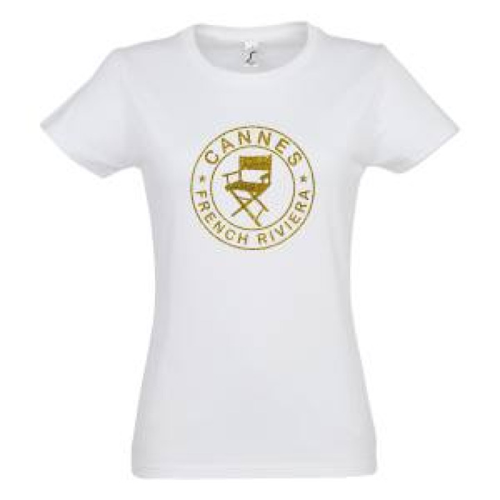Tshirt femme Transfert Paillette Chaise Cannes French Riviera dans un Cercle Version Or Blanc S