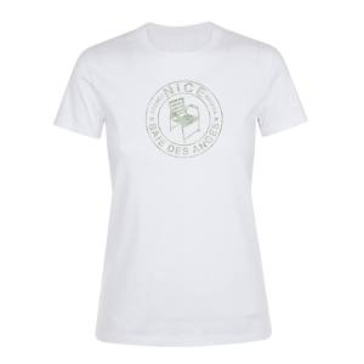 T-shirt femme Transfert Paillette Chaise Nice Baie des Anges dans un Cercle Version Argent Noir Profond S