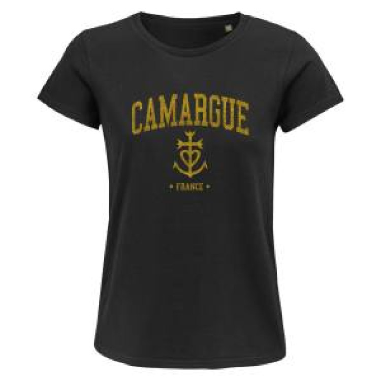 T-shirt femme Transfert Paillette (En Or sur T-shirt Noir) Camargue Croix Noir Profond L
