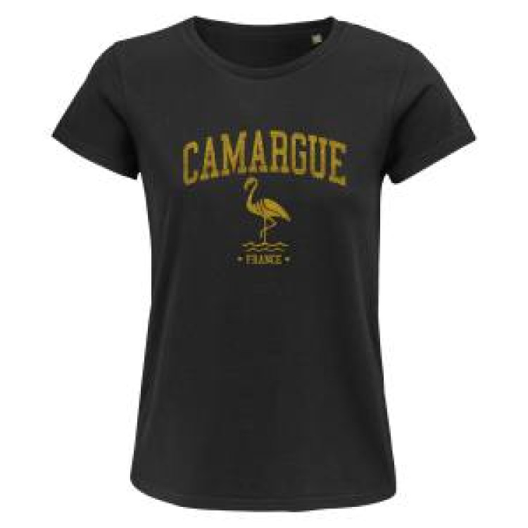 T-shirt femme Transfert Paillette (En Or sur T-shirt Noir) Camargue Flamant Noir Profond S