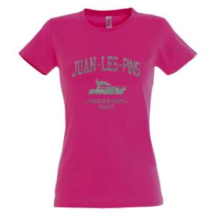 Tshirt femme Transfert Paillette JuanLesPins Yatch French Riviera France Version Argent Fuschia S