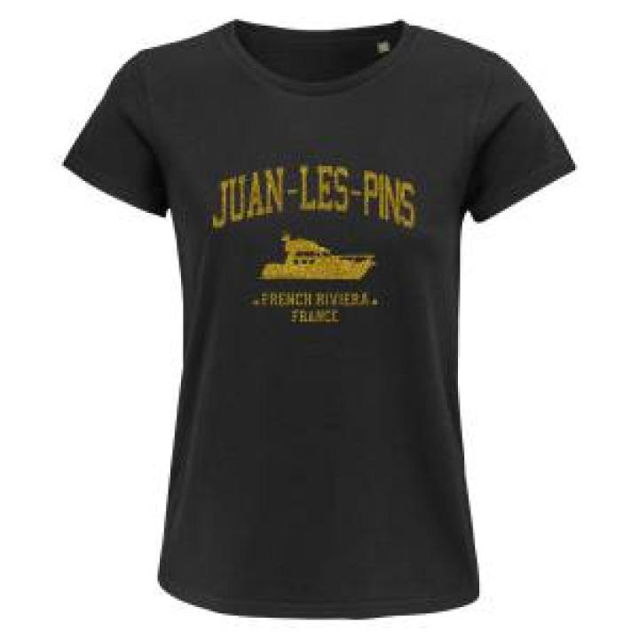 Tshirt femme Transfert Paillette JuanLesPins Yatch French Riviera France Version Or Noir Profond 