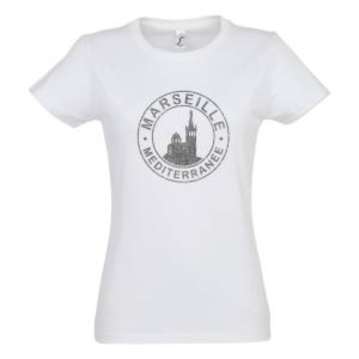 Tshirt femme Transfert Paillette Marseille Notre Dame de la Garde Méditerranée dans un Cercle Version Argent Noir Profond S