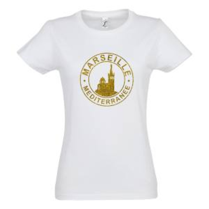 Tshirt femme Transfert Paillette Marseille Notre Dame de la Garde Méditerranée dans un Cercle Version Or Noir Profond S