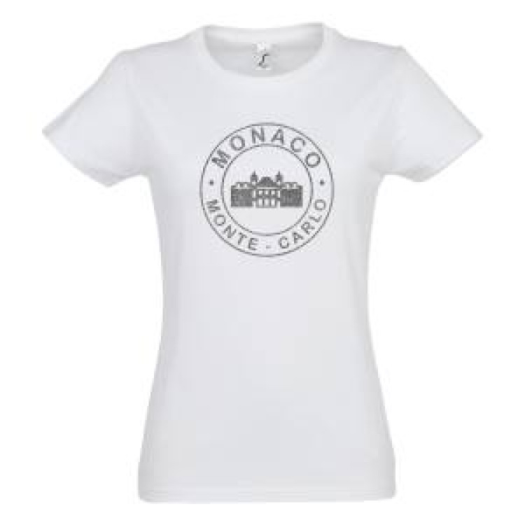 T-shirt femme Transfert Paillette Monaco Palais Princier Monte Carlo dans un Cercle (Version Argent) Noir Profond S