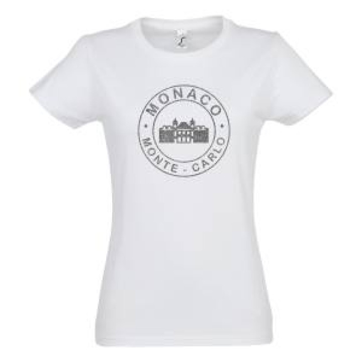 Tshirt femme Transfert Paillette Monaco Palais Princier Monte Carlo dans un Cercle Version Or Blanc S